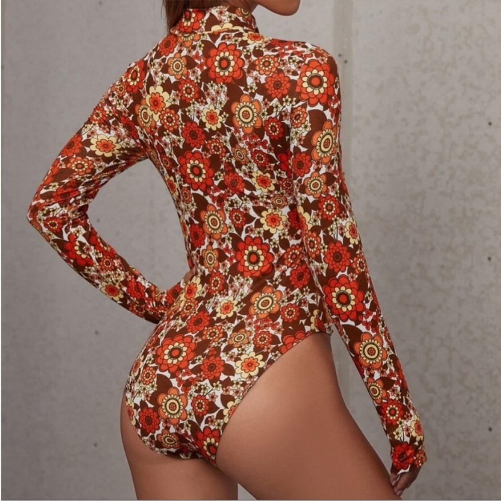 Floral Long Sleeve Bodysuit - Multicolor Gypsy Couture L NEW Boho Orange Brown - Picture 5 of 7
